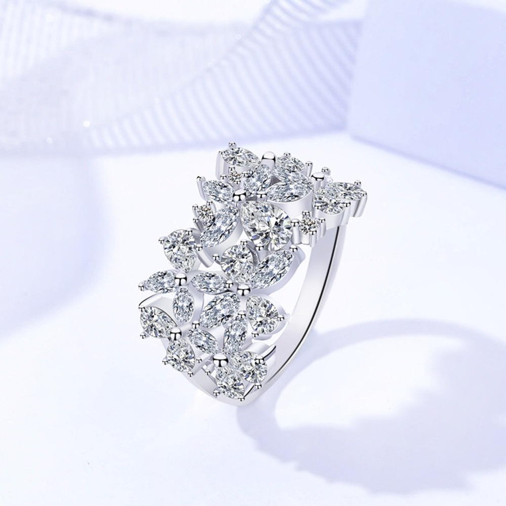 New 925 Sterling Silver Studded Zircon Ring Flower Food Ring